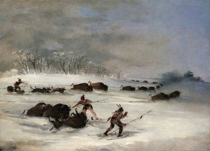 Sioux Indians on snowshoes lancing buffalo, óleo sobre lienzo de George Catlin