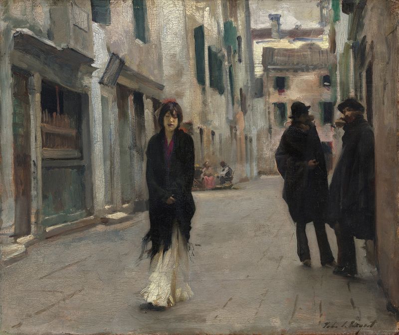 Street in Venice de John Singer Sargent, pintura a óleo que retrata um canal com uma gôndola e reflexos