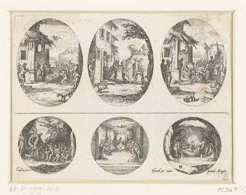 Escena de la natividad con pastores y ángeles, grabado de Jacques Callot