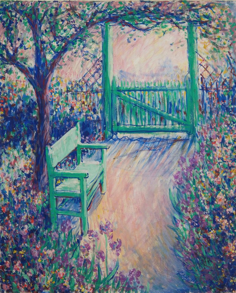 The Artist’s Garden by Theodore Earl Butler, oil on canvas depicting a lush garden with a figure.