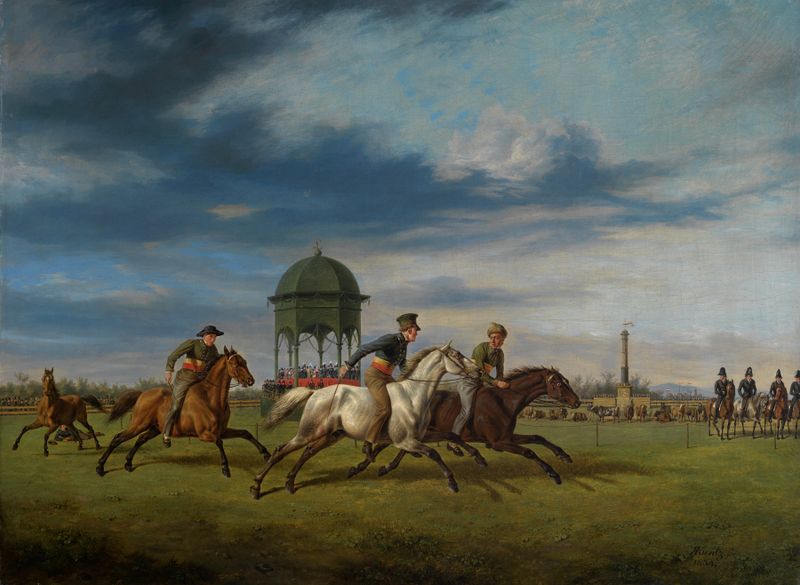 Cena de corrida de cavalos de Rudolf Kuntz, pintura a óleo, mostrando movimento e energia dinâmicos.