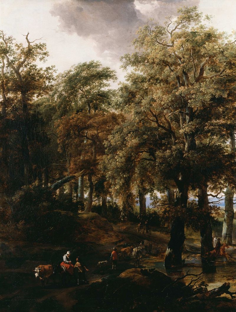 A Road through a Wood de Nicolaes Pietersz Berchem, pintura al óleo que muestra un sereno sendero forestal.
