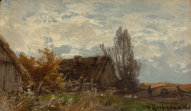Countryside landscape with a farmyard, oil on canvas by Roman Kazimierz Kochanowski