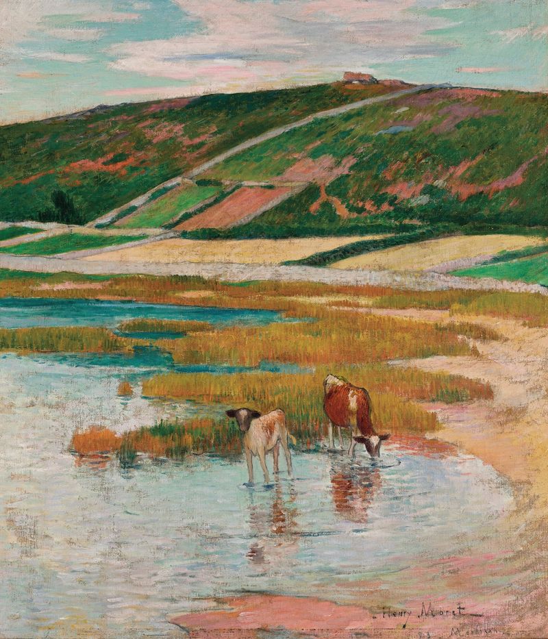 Cows at a watering trough, oil painting by Henry Moret