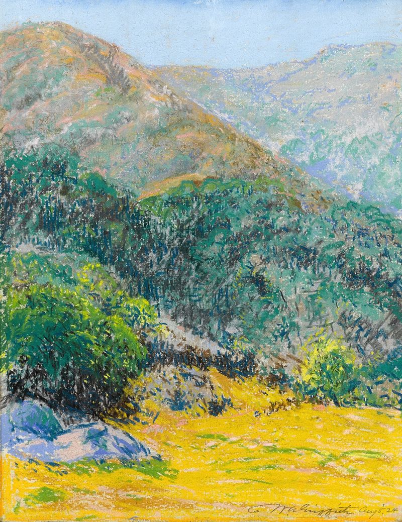 Laguna Landscape pintura a óleo de William Alexander Griffith mostrando cores vibrantes da água e reflexos.