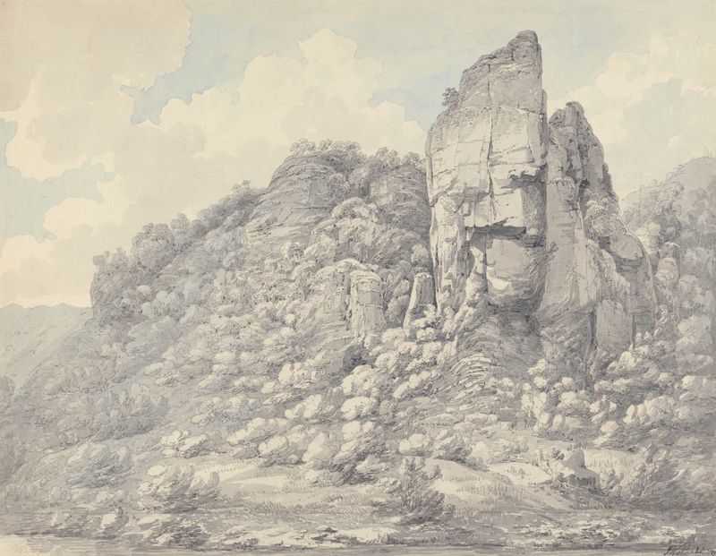 Rocks in Derbyshire by John Webber, oil on canvas depicting rugged terrain and jagged peaks.