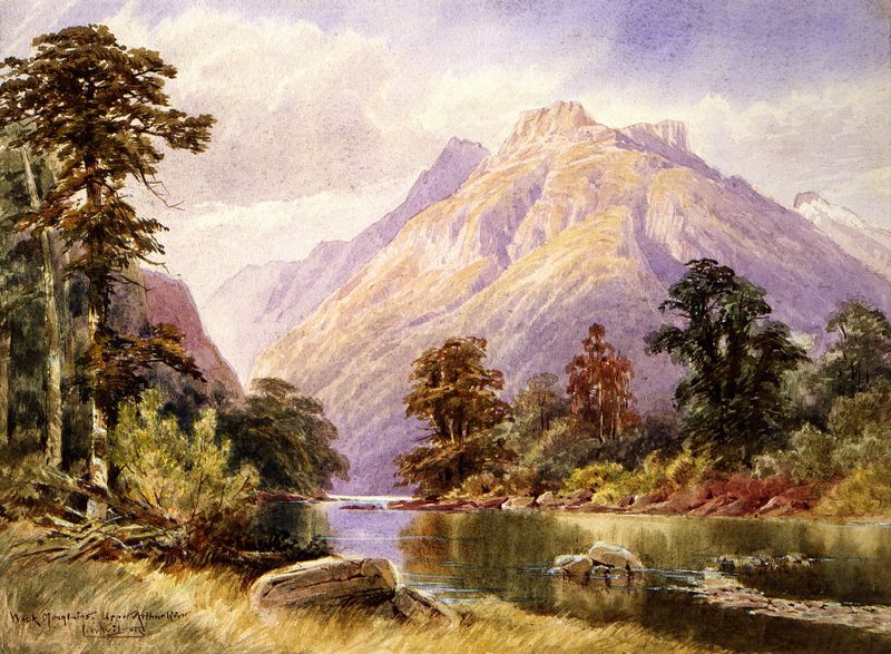 Wick Mountains, Upper Arthur River de Laurence William Wilson, óleo sobre lienzo que representa montañas y río bajo un vas...