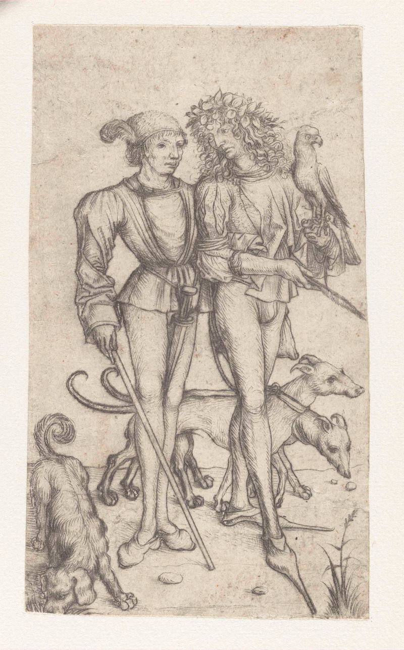 Valkenier en metgezel gravura de Meester van het Amsterdamse Kabinet mostrando um falconeiro em uma capa dourada.