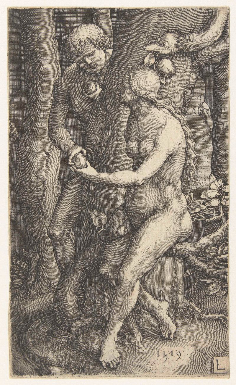 Gravura de Lucas van Leyden mostrando Adão e Eva com uma serpente em um jardim