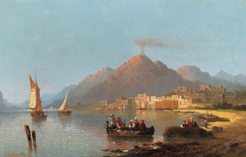 Óleo sobre lienzo de Karl Kaufmann que representa el Vesubio y el mar
