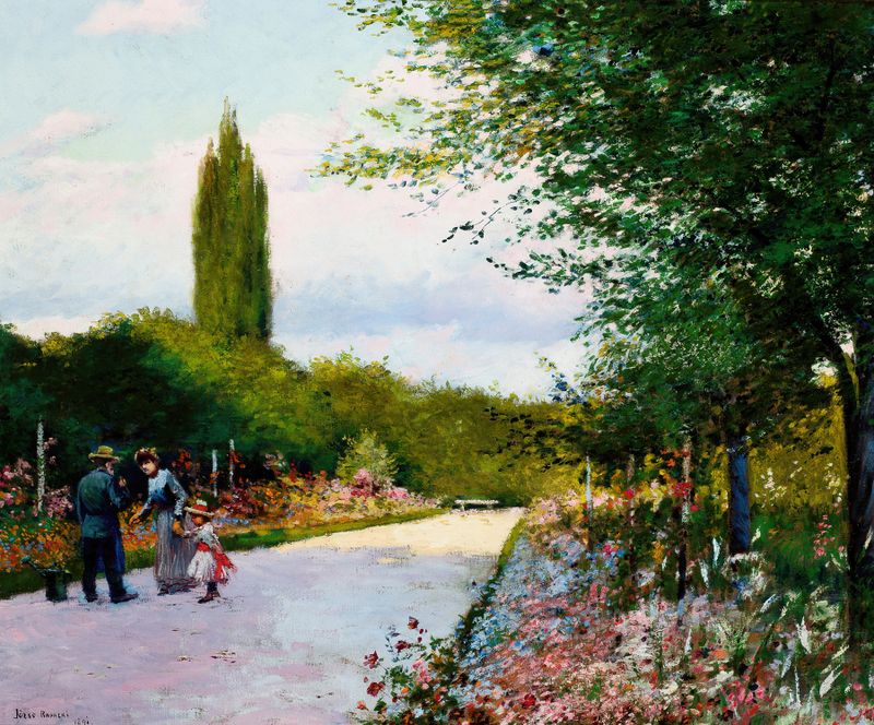 Pintura al óleo de Józef Rapacki que muestra a una pareja en un jardín rodeado de flores y luz solar.