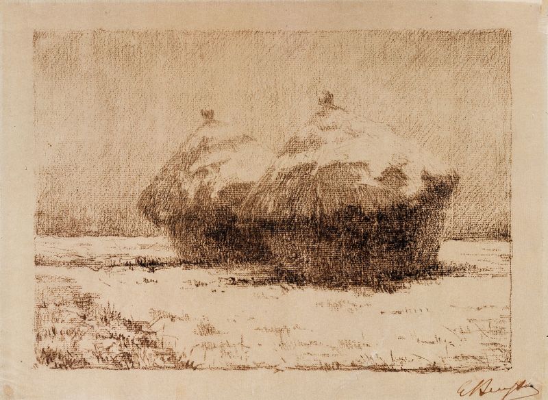 Stacks in Snow by Georges Léon Ernest Buysse, realism, depicts snow-covered stacks in a winter landscape