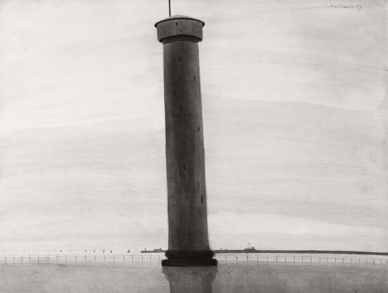 Lighthouse at night, light and shadow interplay, Léon Spilliaert, oil painting