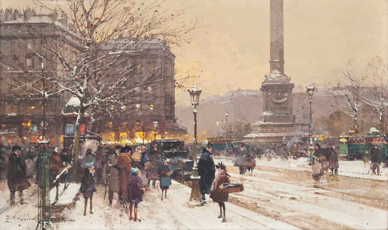 Figuras en la nieve, óleo de Eugène Galien-Laloue que representa una escena invernal en París