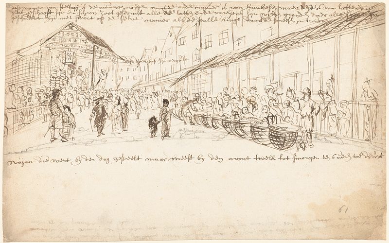 Dibujo de Wouter Schouten que muestra un mercado y una representación teatral en Batavia.