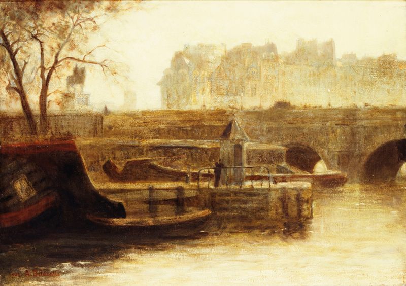 Paisaje del Sena con Pont-Neuf al atardecer, óleo sobre lienzo de Angèle Delasalle