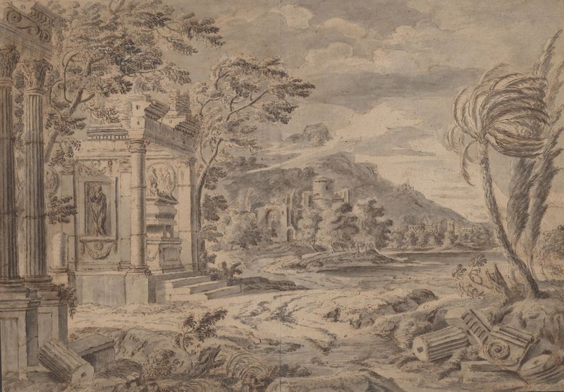 Antique Ruins along a Mountain Coast, oil painting by Johann Franz Ermels