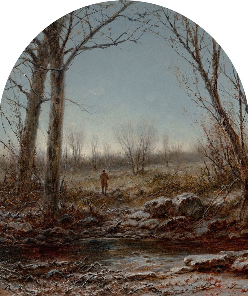Frosty Morning de George Henry Boughton, pintura al óleo que representa un paisaje invernal al amanecer.