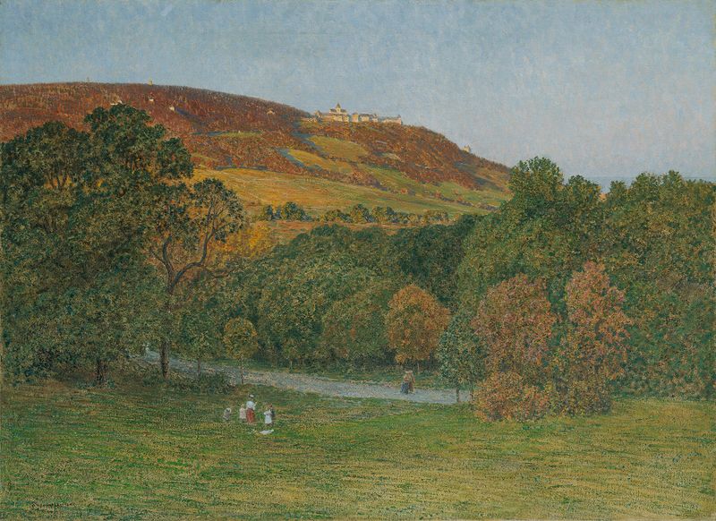Landscape view with hills and golden light, oil painting by Maximilian Suppantschitsch