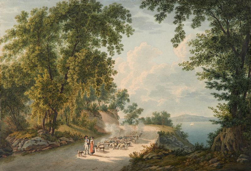 Paisagem com ovelhas em um prado, pintura a óleo de Gabriel Lory the Younger