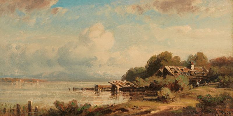 Fischerhütte am Starnberger See de August Seidel, pintura al óleo que representa una cabaña de pesca junto a un lago.