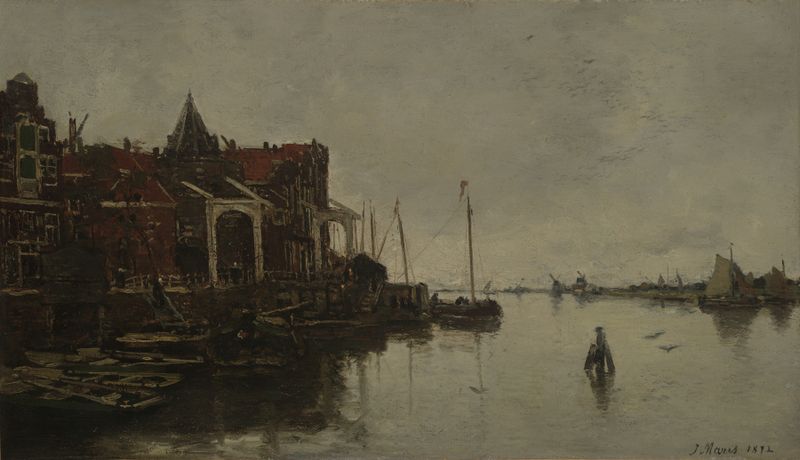 Harbor Scene de Jacob Maris, óleo sobre lienzo que representa barcos en agua tranquila