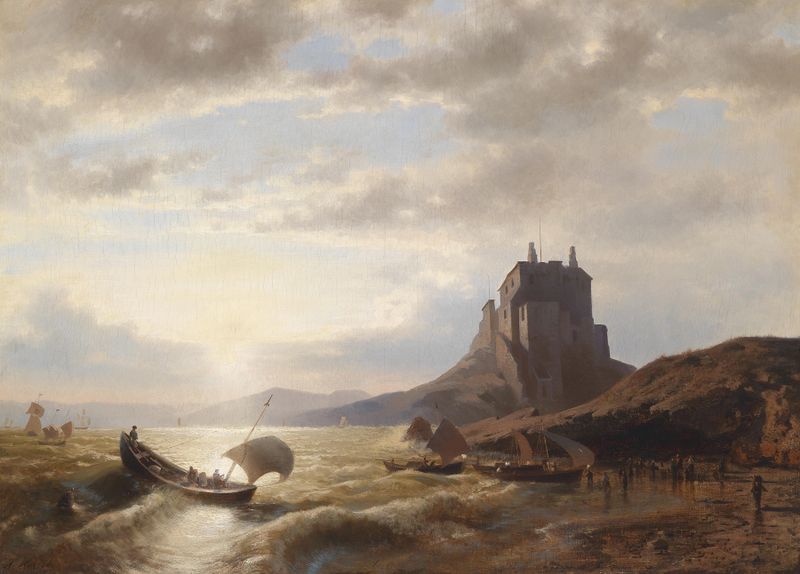 Küstenlandschaft mit Fischern by Hermann Ottomar Herzog, oil painting depicting fishermen by the coast