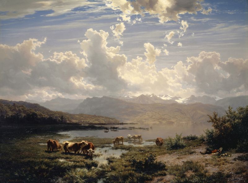 Paisaje en el Lago de Lucerna de Robert Zünd, óleo sobre lienzo que representa un lago sereno y montañas distantes