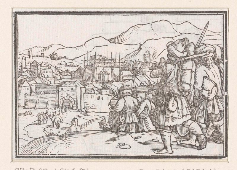 Cena histórica de figuras retornando em uma paisagem, papel de Hans Holbein II