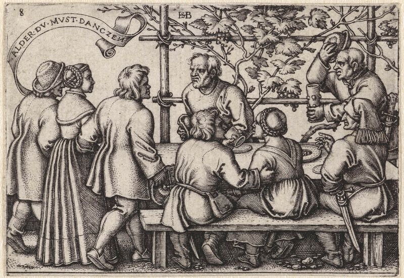 Gravura de Hans Sebald Beham representando uma cena de banquete rústico com figuras em contemplação