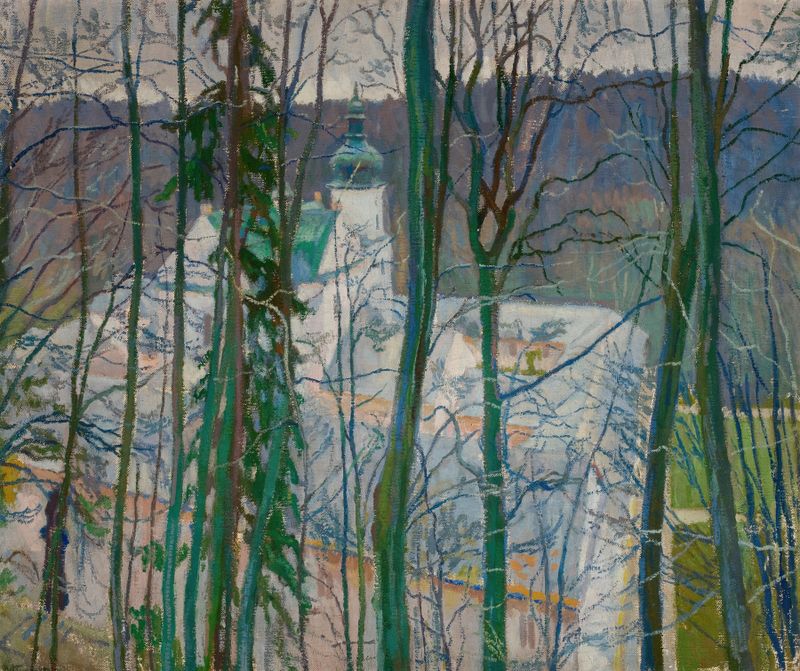 Paisagem mostrando um mosteiro contra um céu de pôr do sol por Stanisław Kamocki