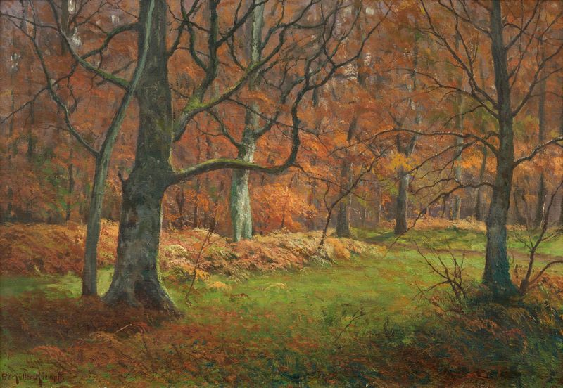 Landscape of a forest with dappled light, oil painting by Paul Müller-Kaempff