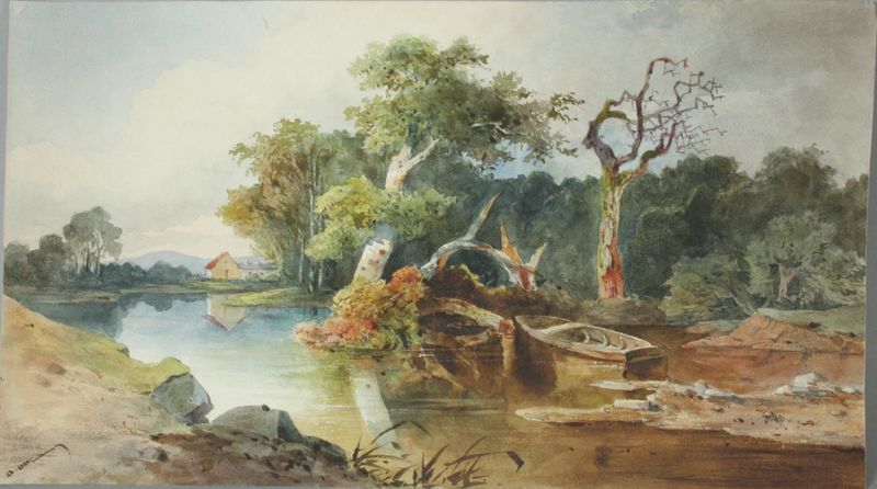 Flusslandschaft by Anton Altmann, oil on canvas depicting a tranquil river landscape