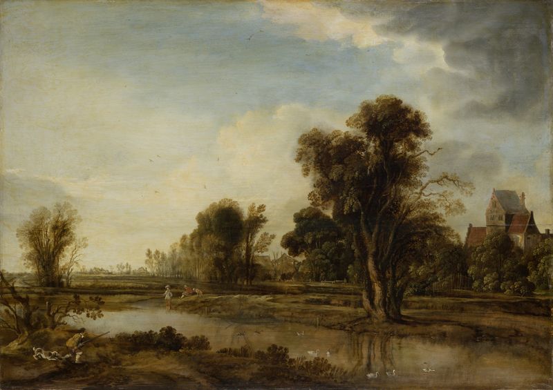 Village Pond de Aert van der Neer, óleo que representa un paisaje tranquilo con reflejos en el agua.