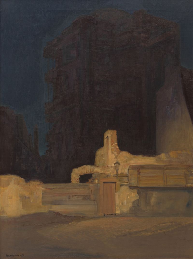 Hausbau de Rudolf Jettmar, obra de expresión que representa la construcción caótica con colores vibrantes.
