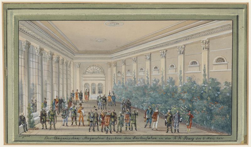 Historical scene depicting a gathering of elegantly dressed figures by Balthasar Wigand, oil painting.
