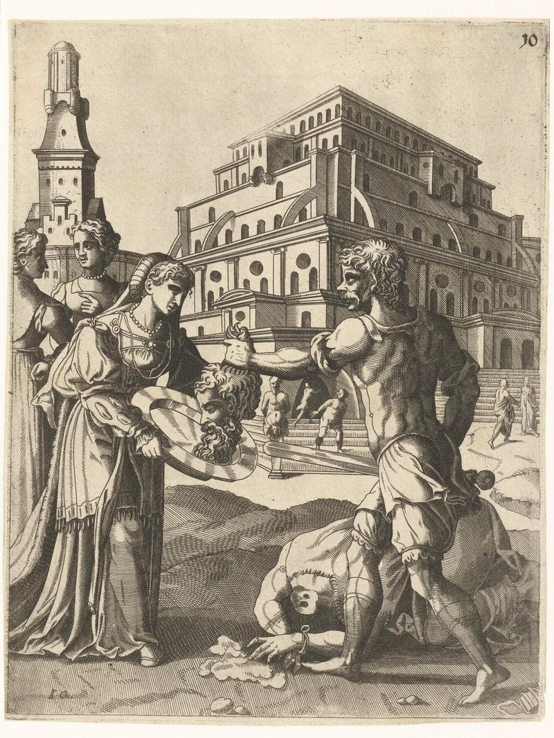 Grabado de Hans Liefrinck que representa a Juan Bautista con un halo y sangre.