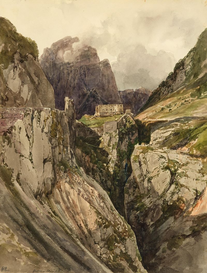 Pintura a óleo de paisagem de Thomas Ender com uma fortaleza em penhascos ao amanhecer