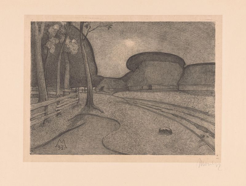 Landschap met boerderij Avond by Simon Moulijn, oil on canvas depicting a farmhouse at sunset