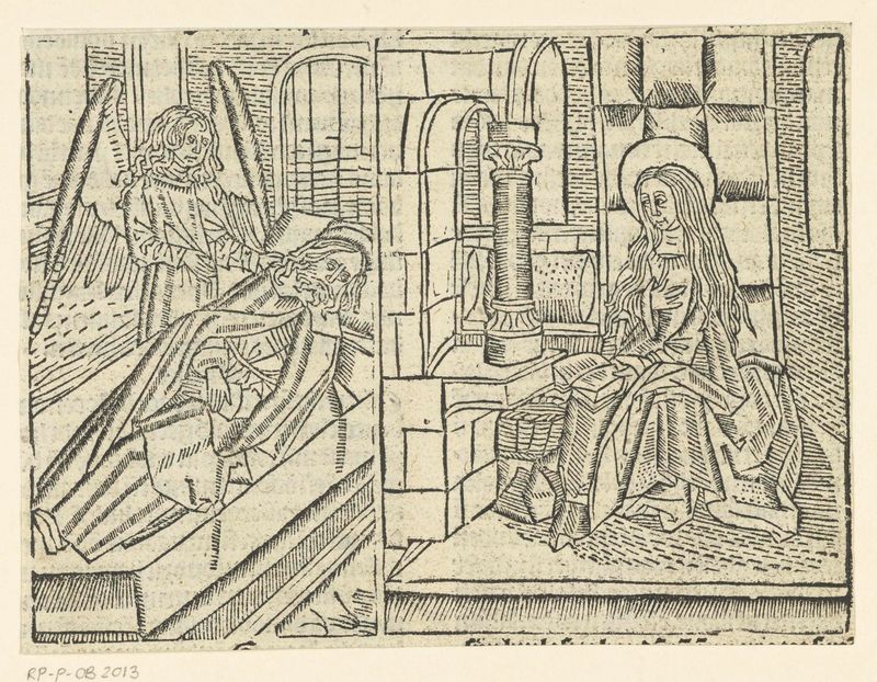 Engel verschijnt aan Jozef in een droom, paper by Master of Delft, showing Mary with a book and an angel.