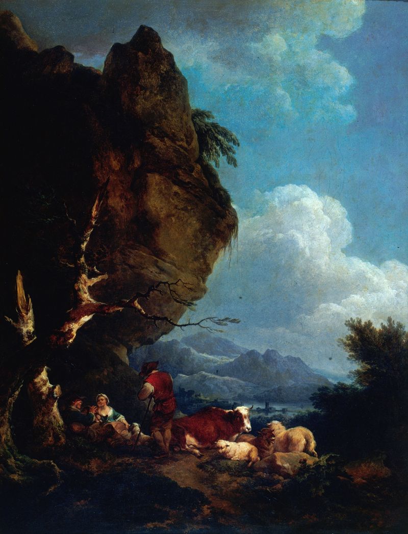 Paisagem com pastores cuidando de seu rebanho, pintura a óleo de Philip James de Loutherbourg