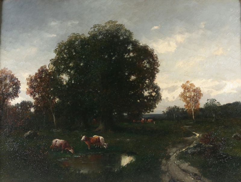 Kühe auf der Weide, oil on canvas by Adolf Kaufmann, depicting cows in a lush meadow.