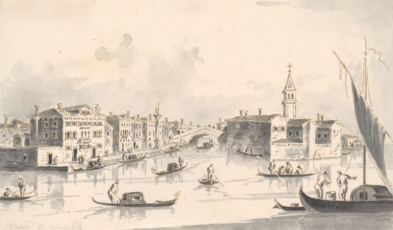 View of Murano by Giacomo Guardi, oil on canvas depicting a serene lagoon at sunset.
