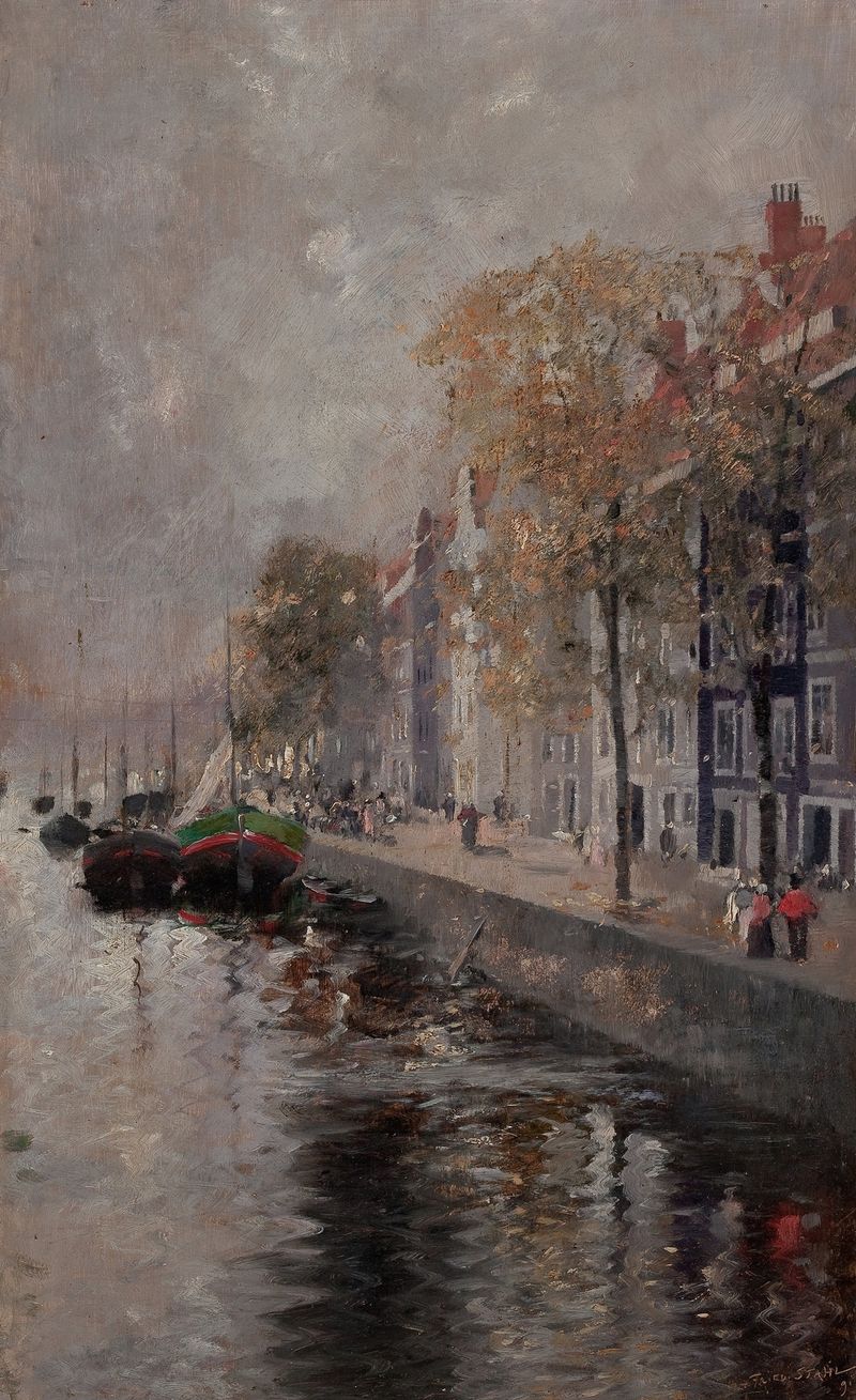 Paisaje de Ámsterdam de Friedrich Stahl, que representa un canal con reflejos, pintura al óleo