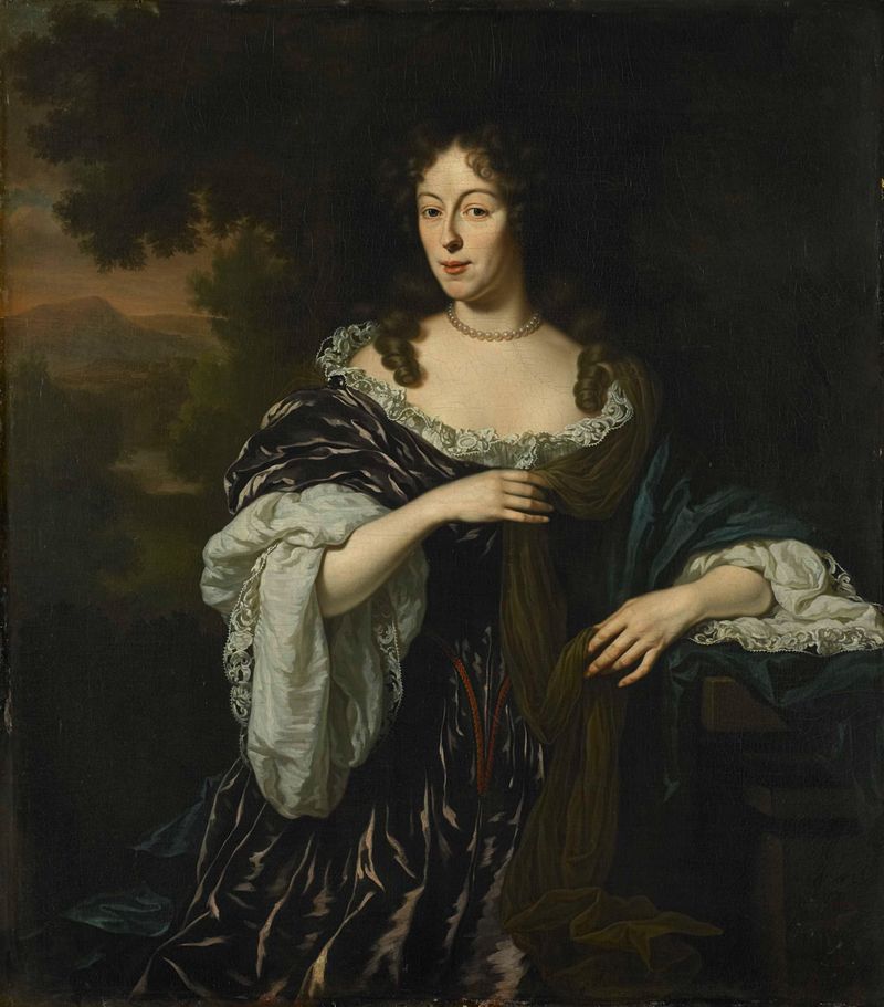Retrato de Maria Schaep, óleo sobre lienzo de Michiel van Musscher, mostrando a una mujer en un elegante vestido.