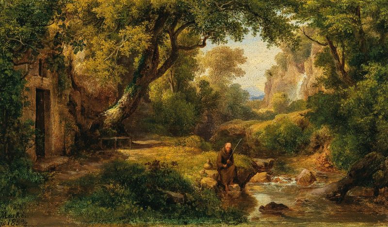 Landscape with a monk fishing by a river, Károly Markó, oil painting