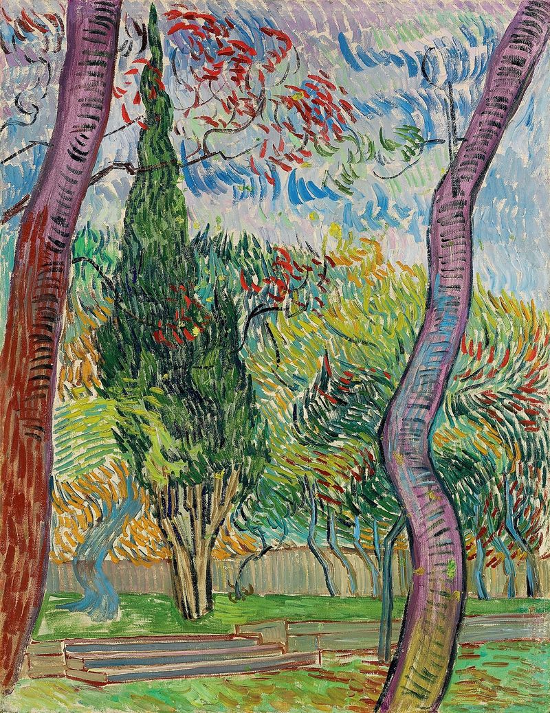 Paisaje con árboles y cielo en óleo sobre lienzo de Vincent van Gogh