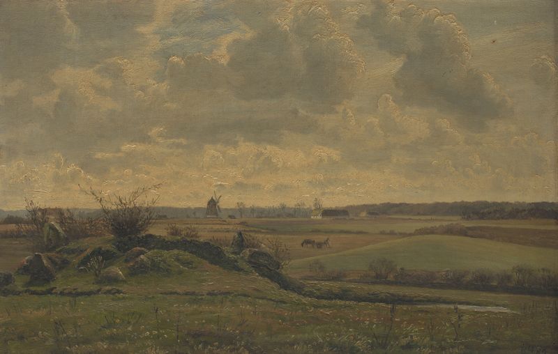Landskab ved Gyrstinge de Louise Ravn-Hansen, óleo sobre tela, lago sereno e vegetação