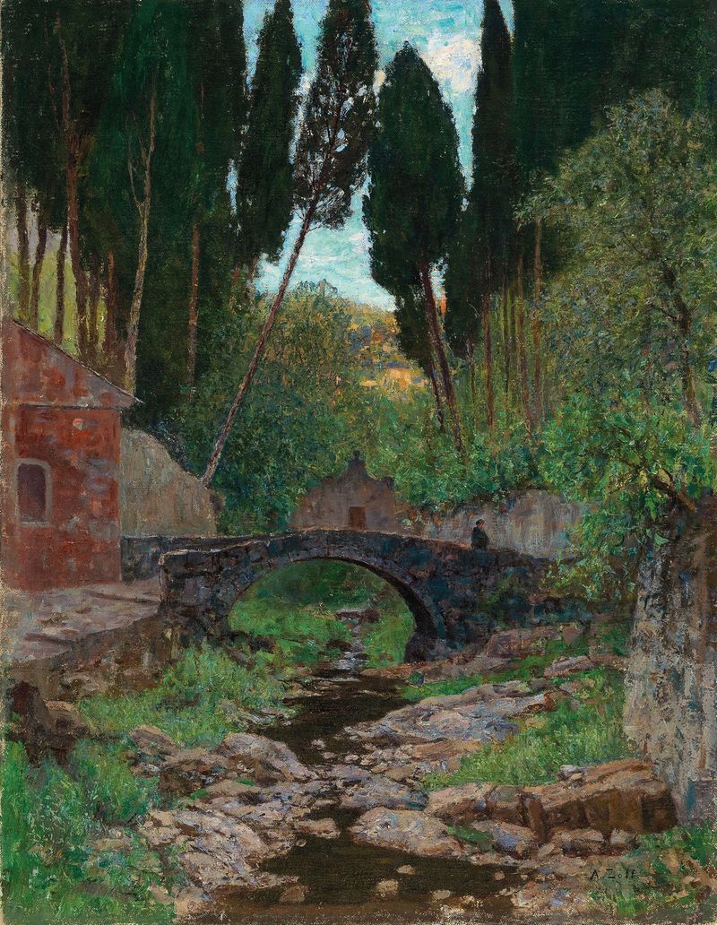 An Old Stone Bridge de Alfred Zoff, óleo sobre tela representando uma paisagem serena com uma ponte de pedra sobre um rio.