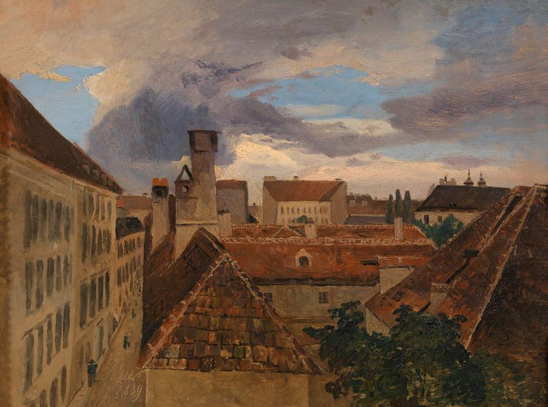 Blick in die Beatrixgasse in Wien, oil on canvas by Adalbert Stifter, depicting a quiet street scene.